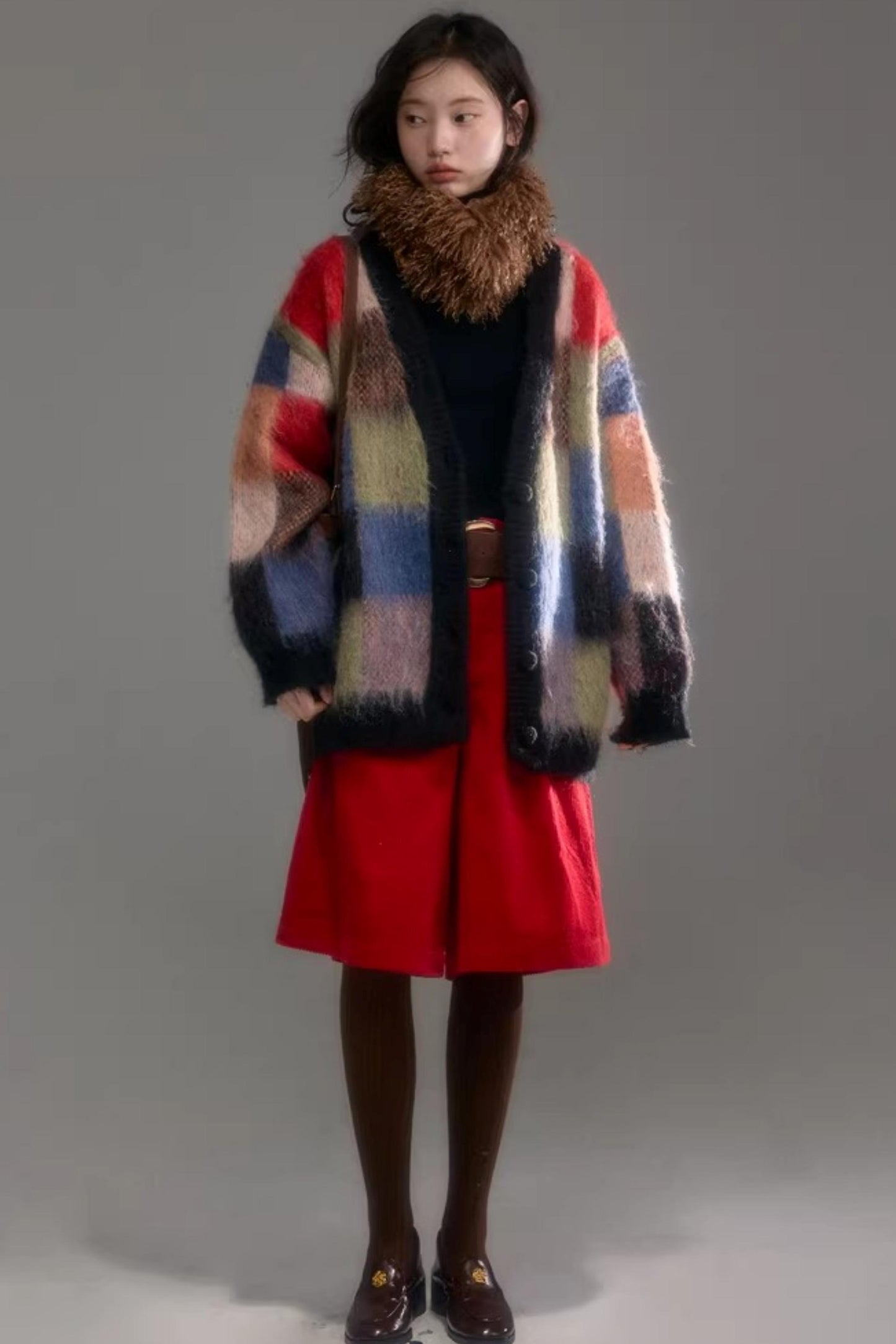 Color-Block-Strickjacke aus Wolle mit Karomuster
