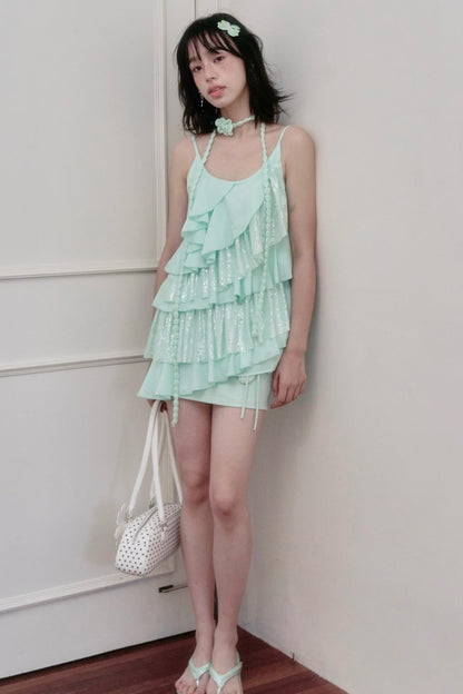 Green Sequin Ruffled Suspender Top