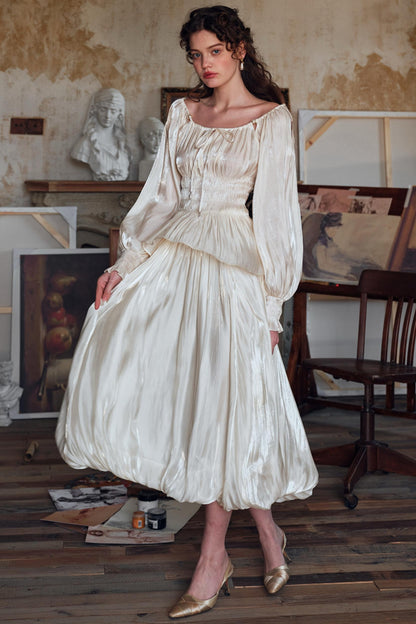 Satin Slim Fit Vintage Skirt Shirt Set-Up