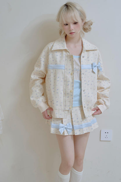 Beige Floral Blue Bow Jacket Set-Up
