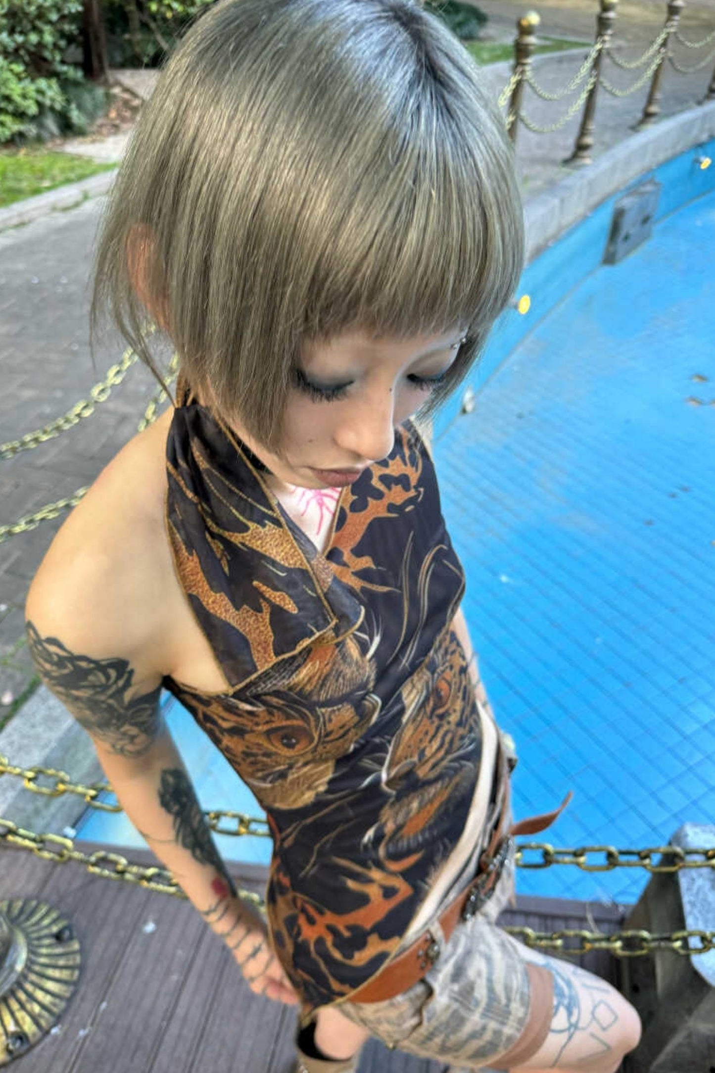 Twin Tiger Print Asymmetrical Mesh Top