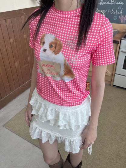 Cute Plaid Dog Print Short Sleeve Tee