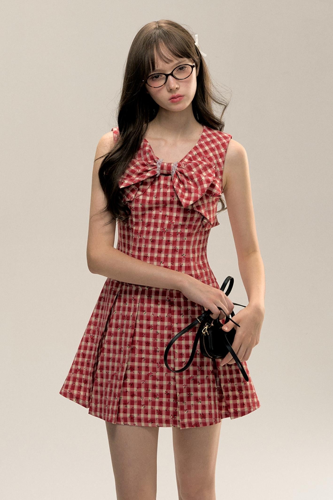 Red Check Floral Bow Vest Dress