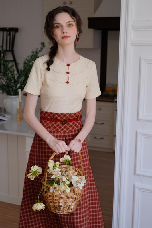 Lace Knit Top & Check Skirt Set-Up