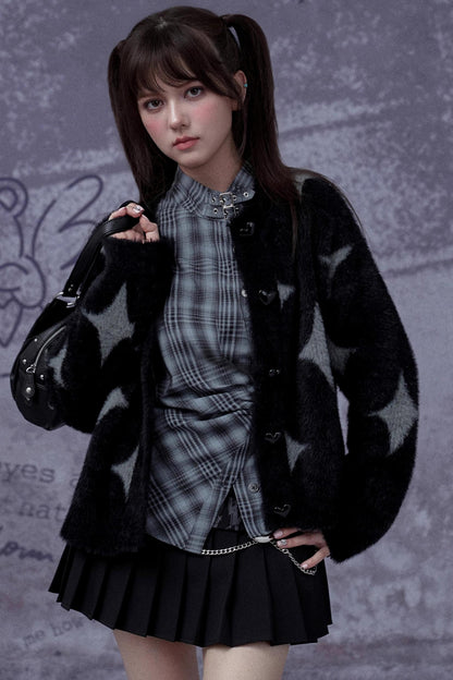 Gray-Blue Plaid Placket Long-Sleeved Shirt