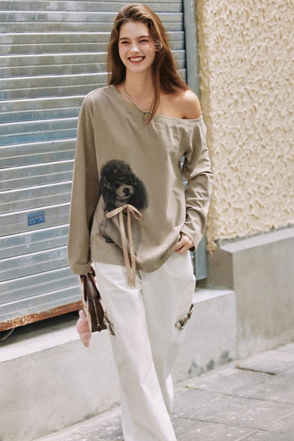 Khaki Bow knot Off-Shoulder T-Shirt