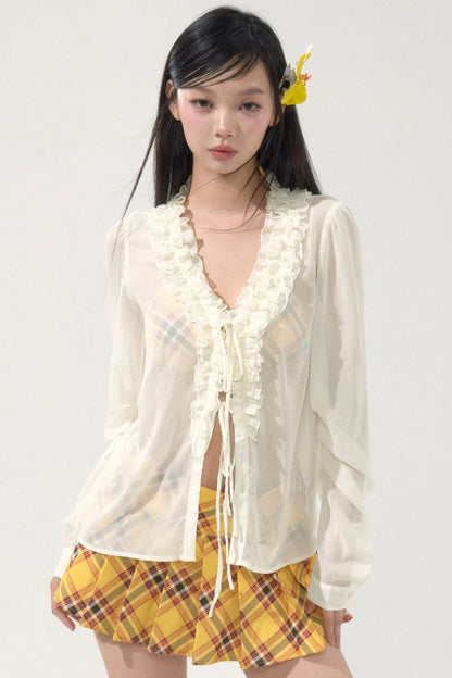 Chiffon Lace-Up Cardigan Shirt