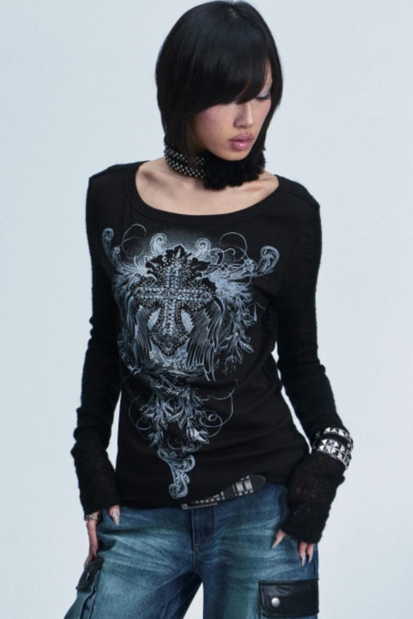 Two-Tone Cross Print Top