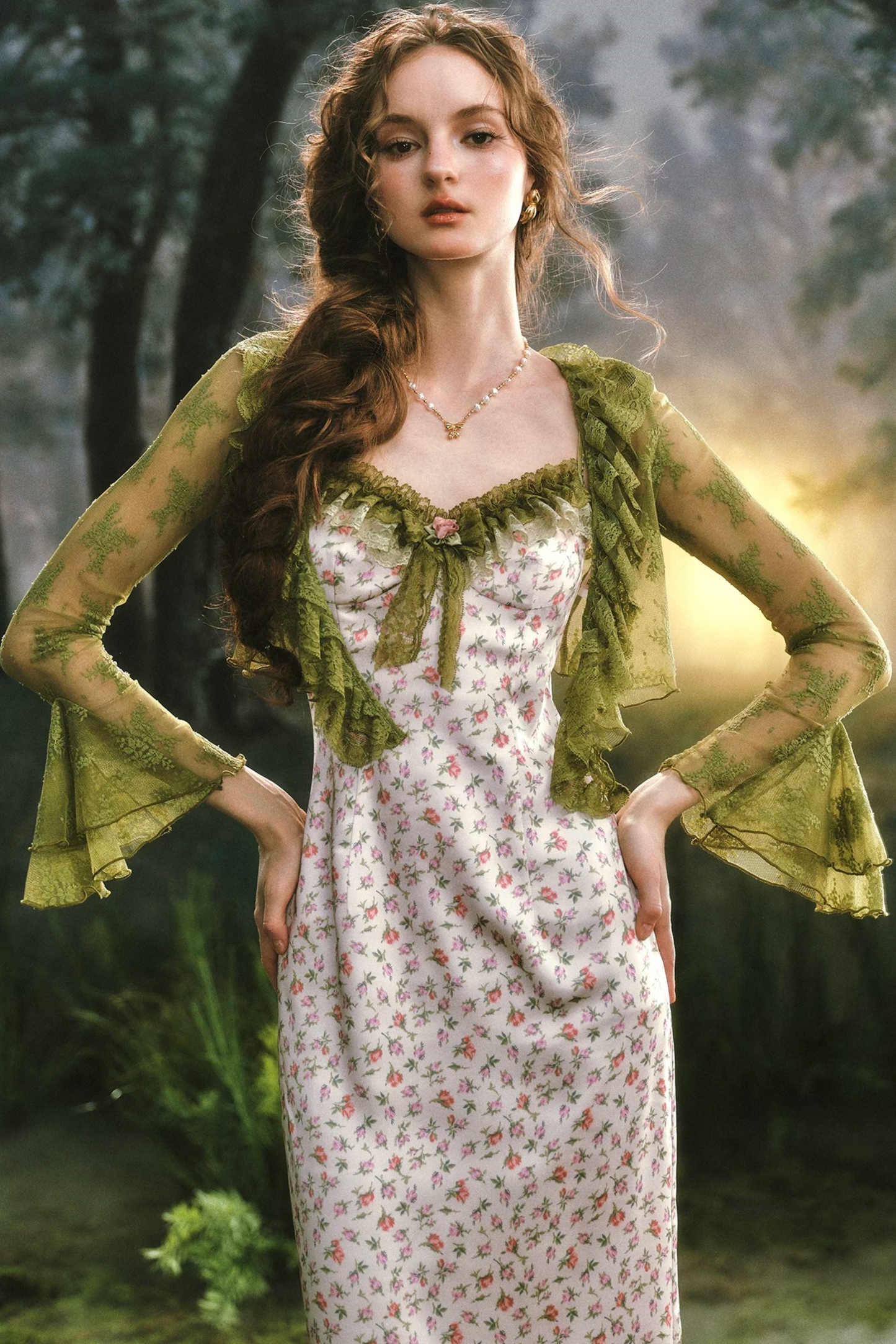 Printed Satin Dress Lace Set-Up