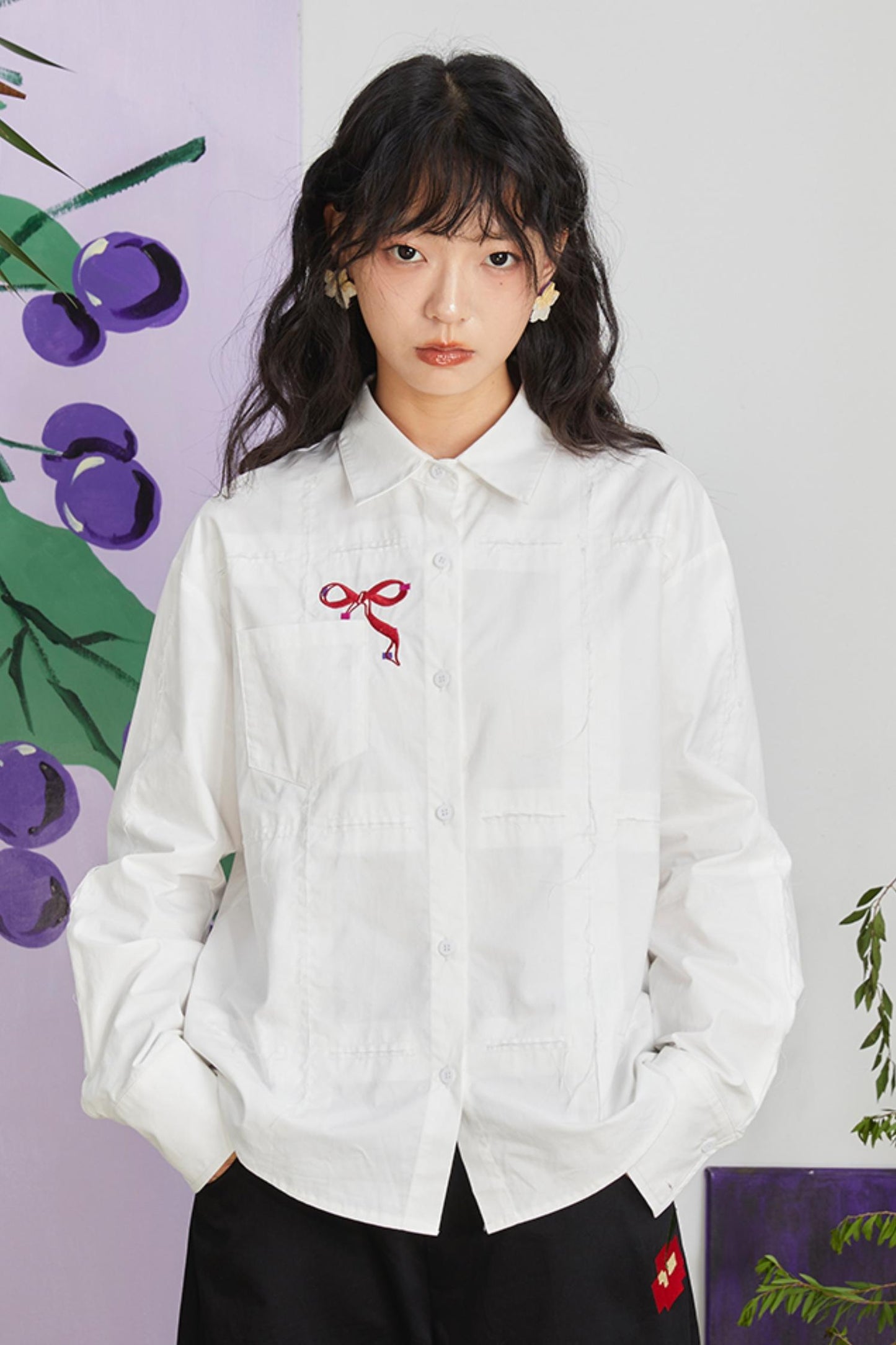 Retro Bow Embroidery Long Sleeve Shirt