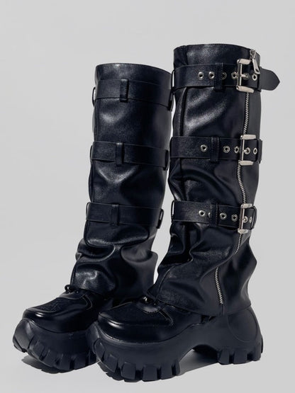 Y2K Punk Style Triple Belt High Heel Long Boots