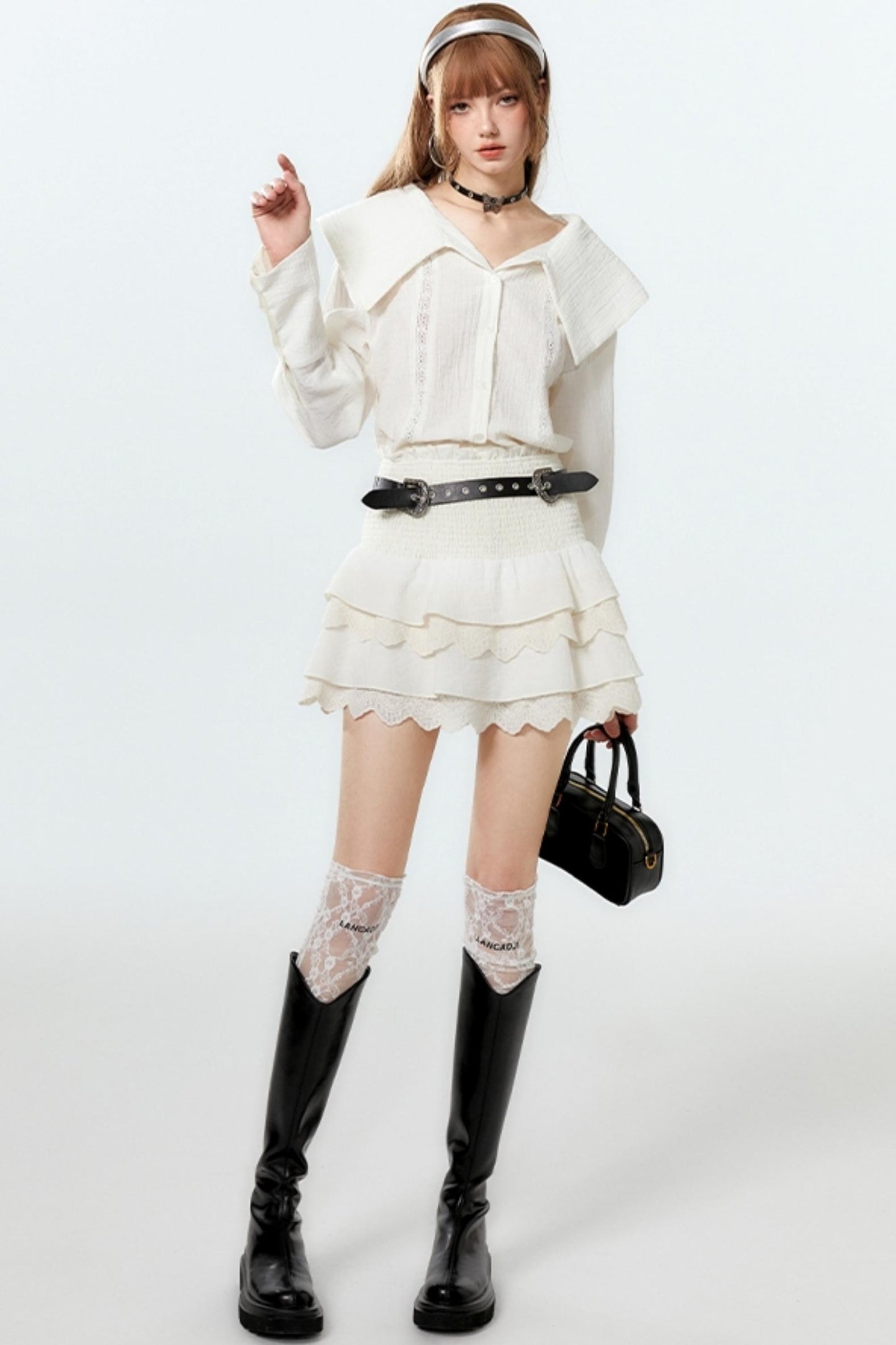 Sheer Lace Big-Collar Mint Blouse