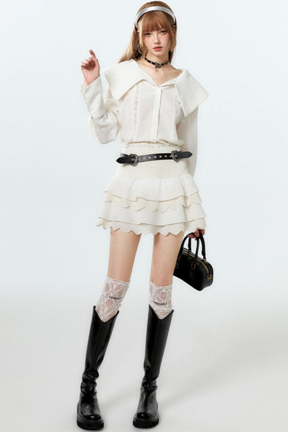 Sheer Lace Big-Collar Mint Blouse