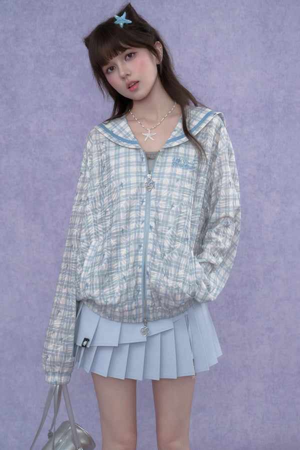 Blue Sailor-Collar Sun Jacket Set