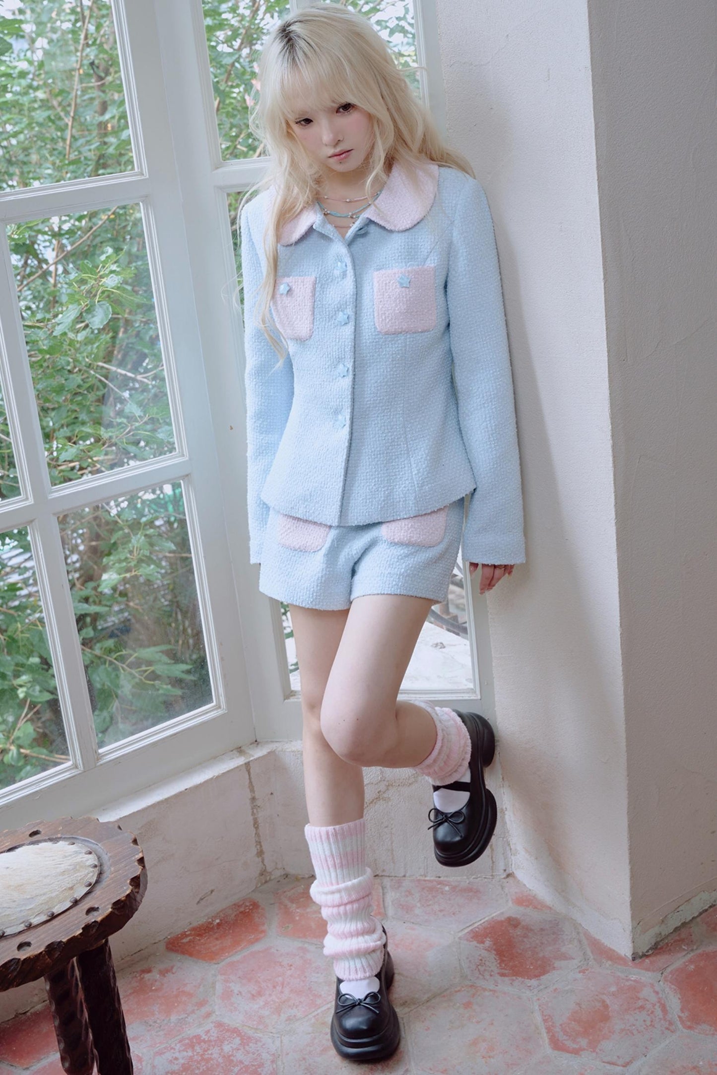 Star Button Tweed Jacket Set-Up