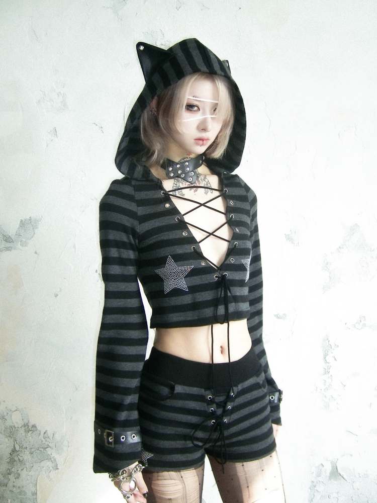 Cat Ears Border Lace Up Hoodie & Short Pants