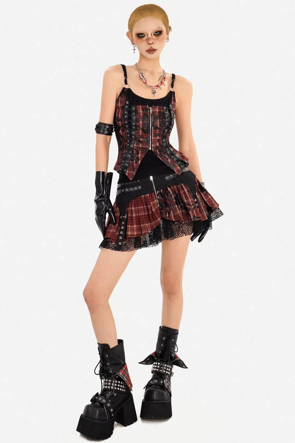 Dark Red Plaid Camisole Skirt Set-Up