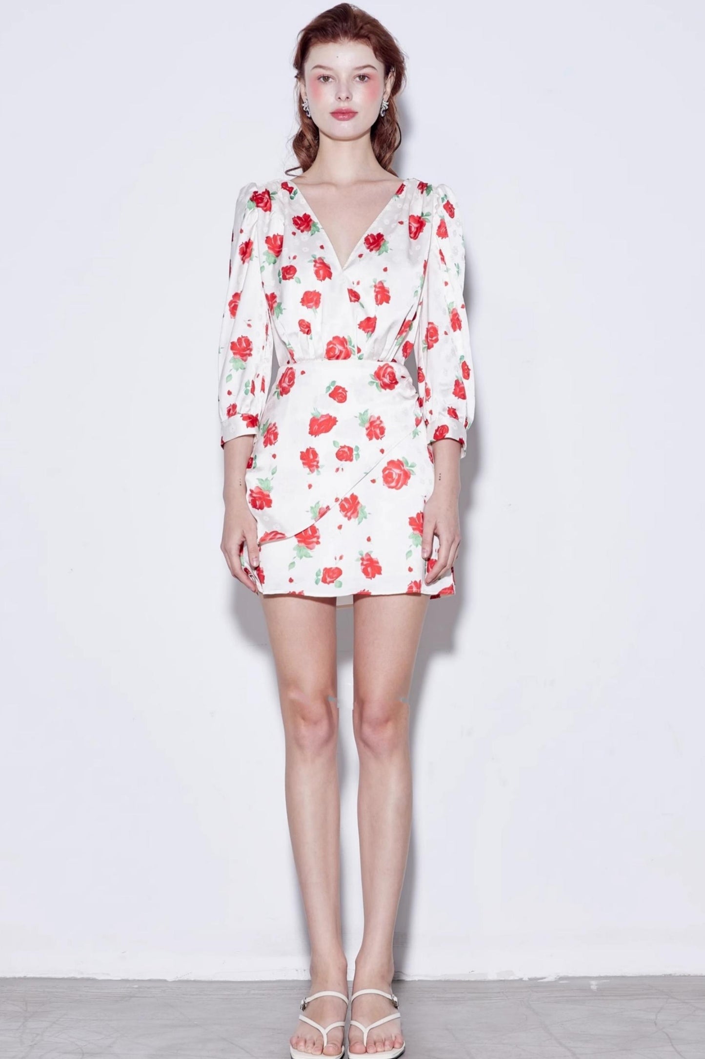 Satin Rose Jacquard V-Neck Dress