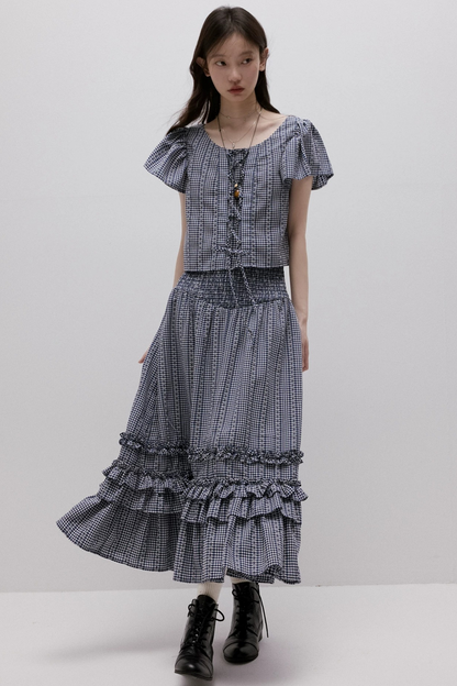 Maglia vichy blu con lacci
