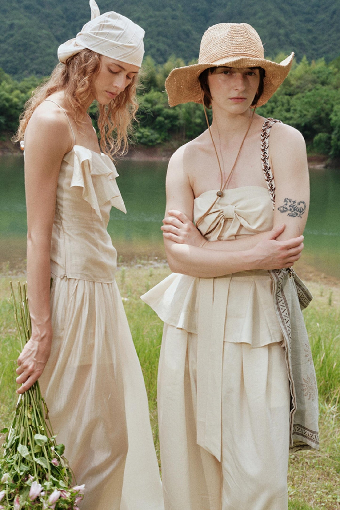 Eternal River Linen Bandeau Top & Wide-Leg Trousers Set-Up