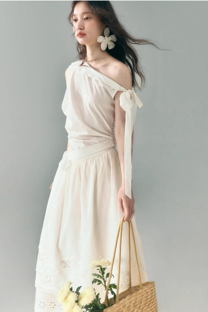 Sunshine Island Tencel Lace-Up Cinched Waist Dress