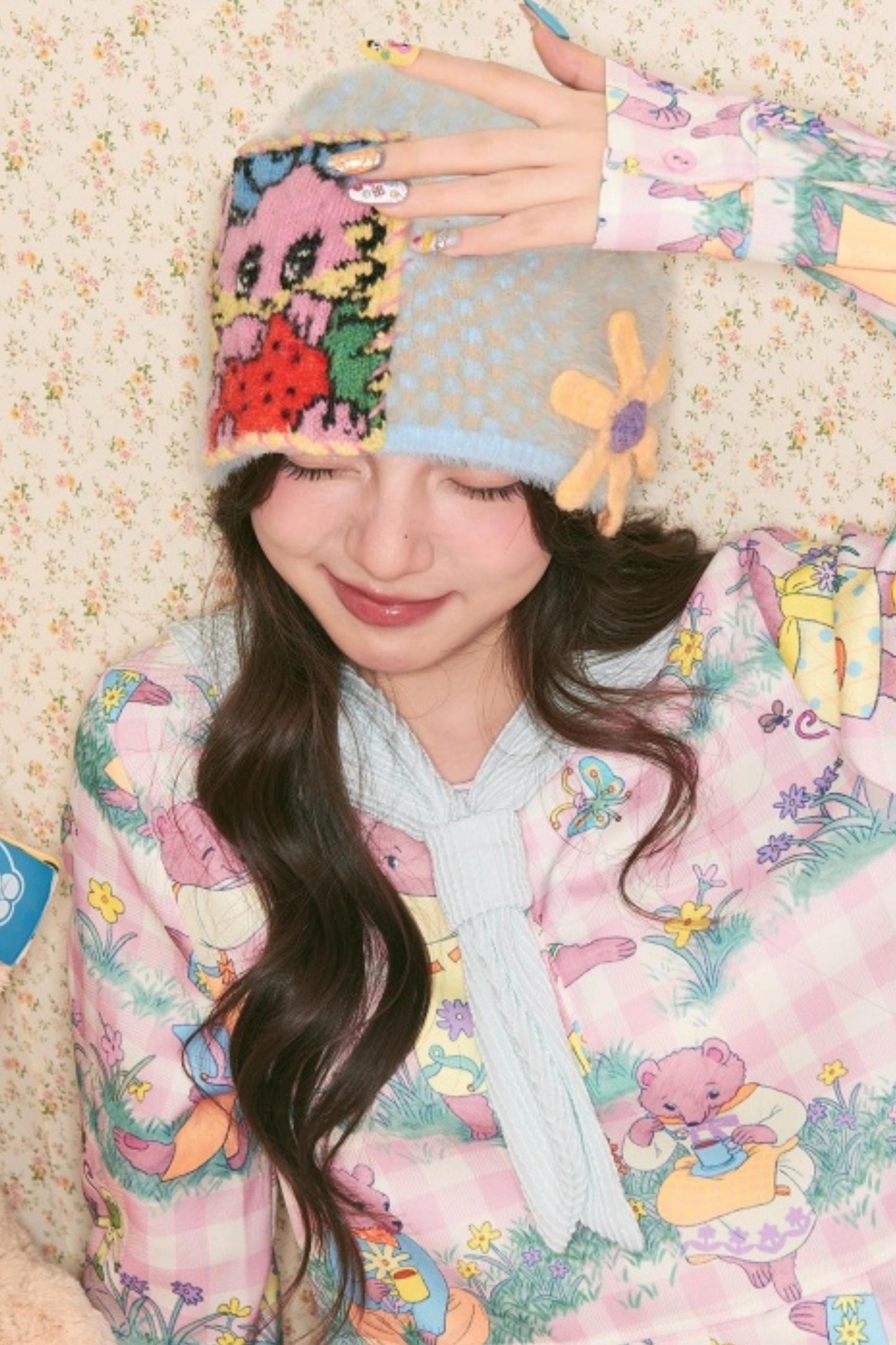 Blue Rabbit Flower Knitted Hat