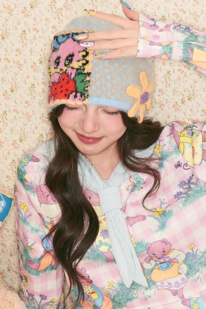 Blue Rabbit Flower Knitted Hat