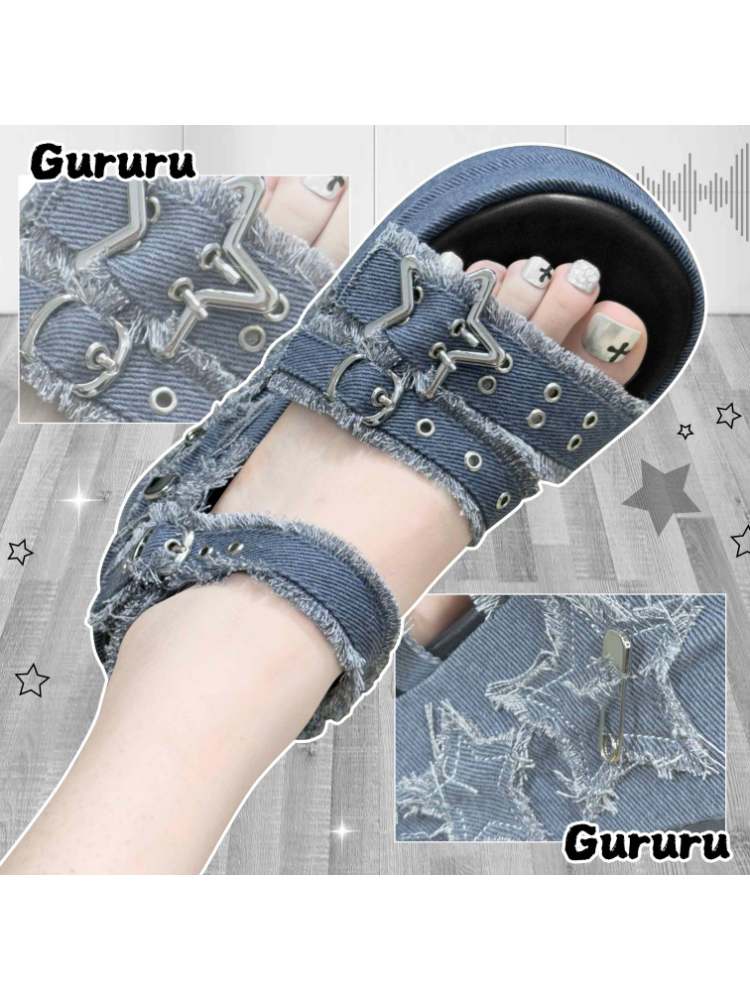 Y2K Punk Star Denim Eyelet Belt Super Thick Sole Sandals