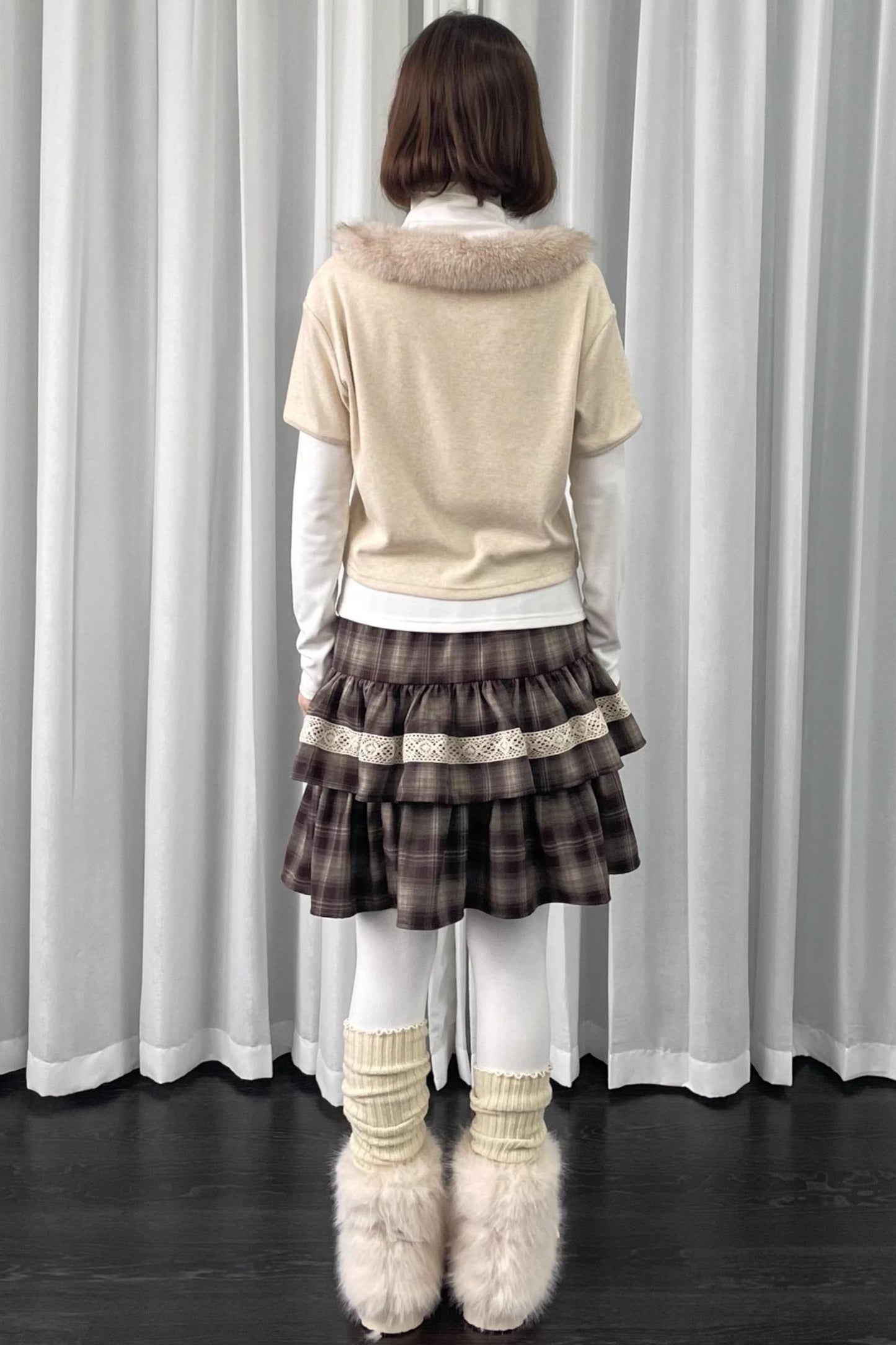 Coffee Plaid Patchwork Puffy Skirt