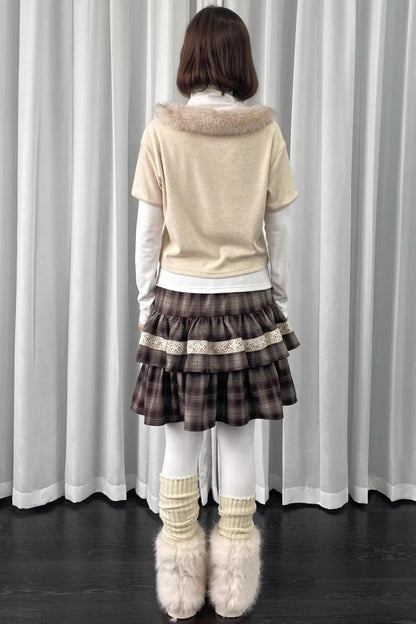 Coffee Plaid Patchwork Puffy Skirt