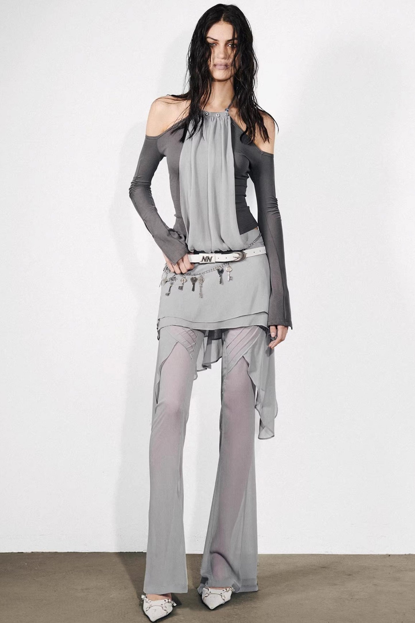 Chiffon-Patchwork-Oberteil mit schulterfreiem Design