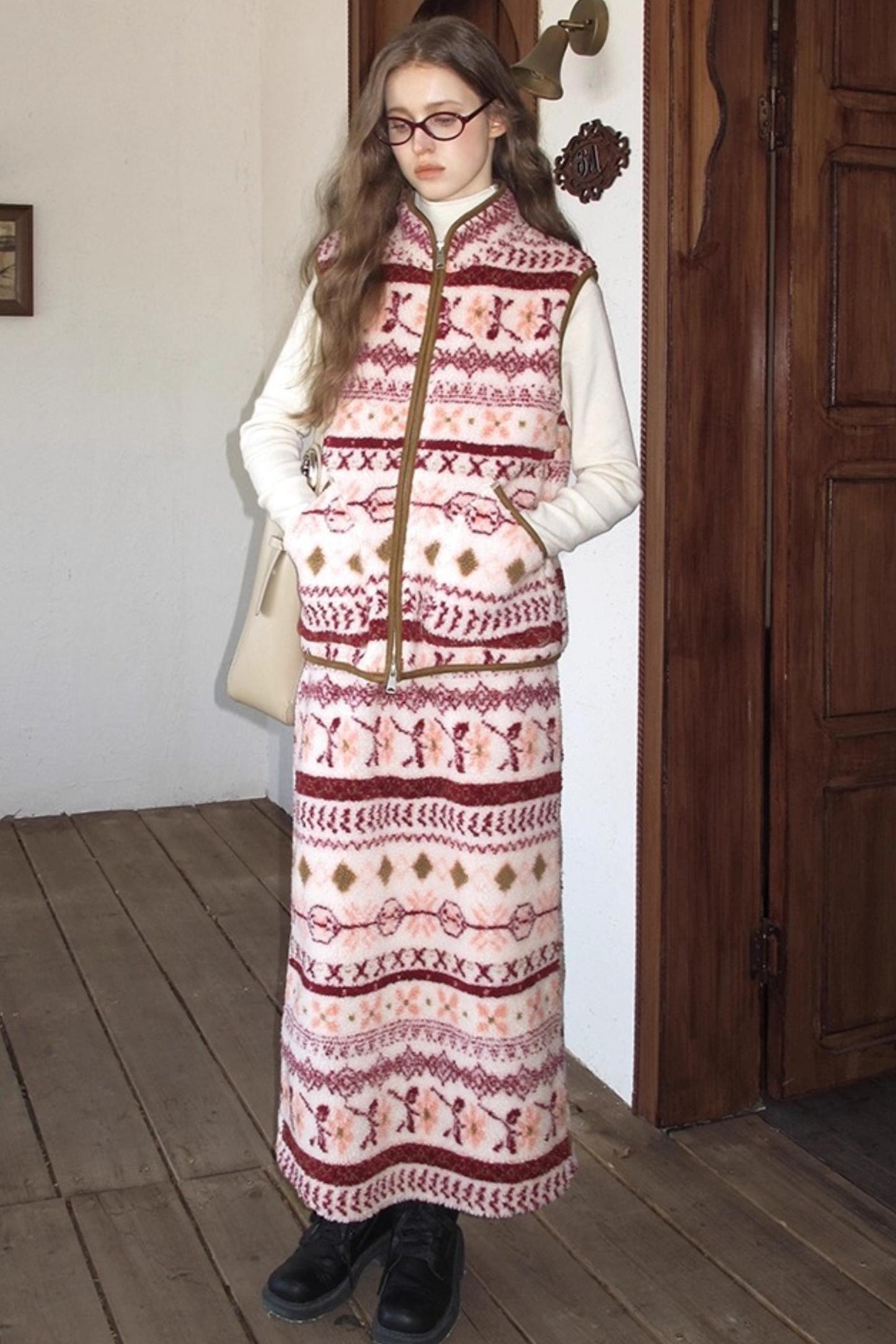 Berry Peach Retro Fleece Vest Jacket Skirt Set-Up