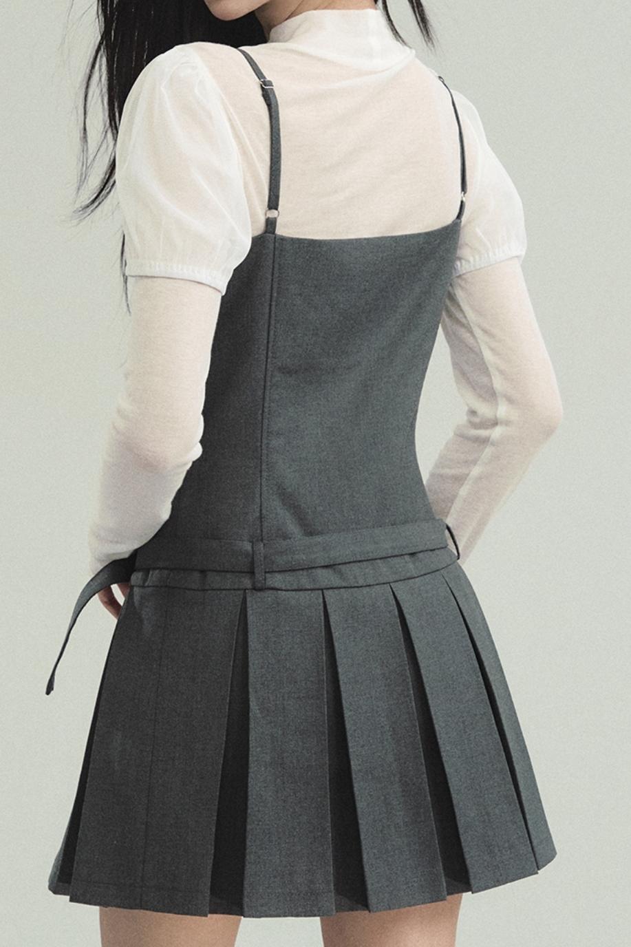 Pleated Waist Suspender Dress & Suit  Set-Up