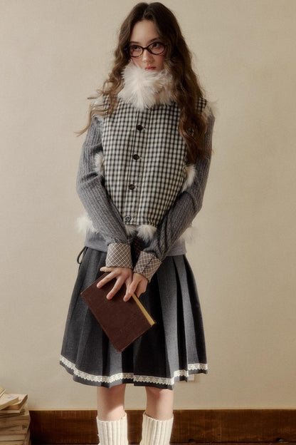 Polka Dot Plaid Fur Coat