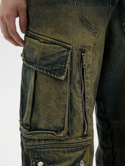 Multi Pocket Wide Leg Washed Denim Jeans