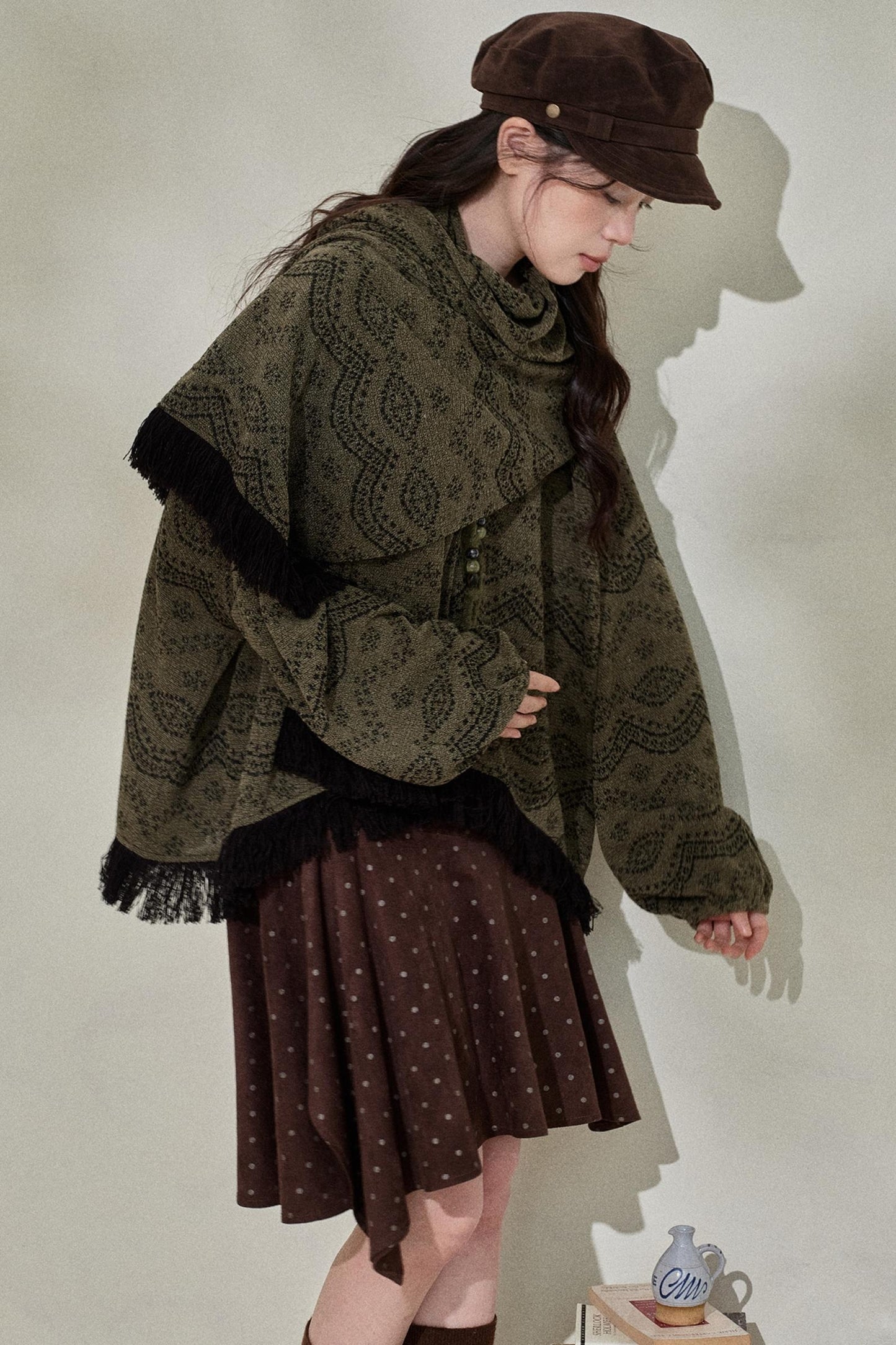 Dark Green Vintage Fringed Top & Scarf Set