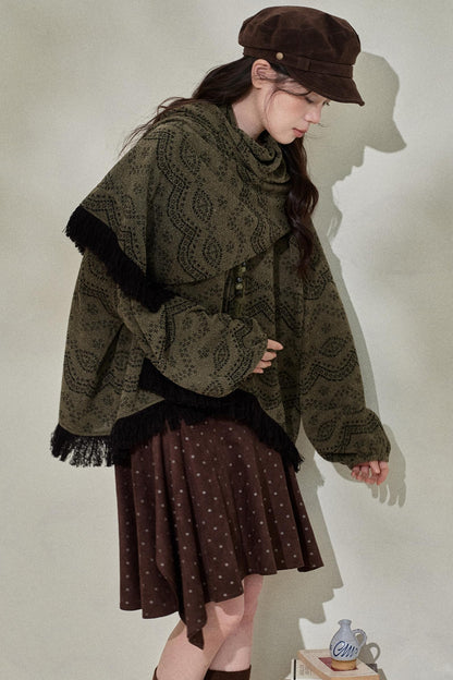 Dark Green Vintage Fringed Top & Scarf Set