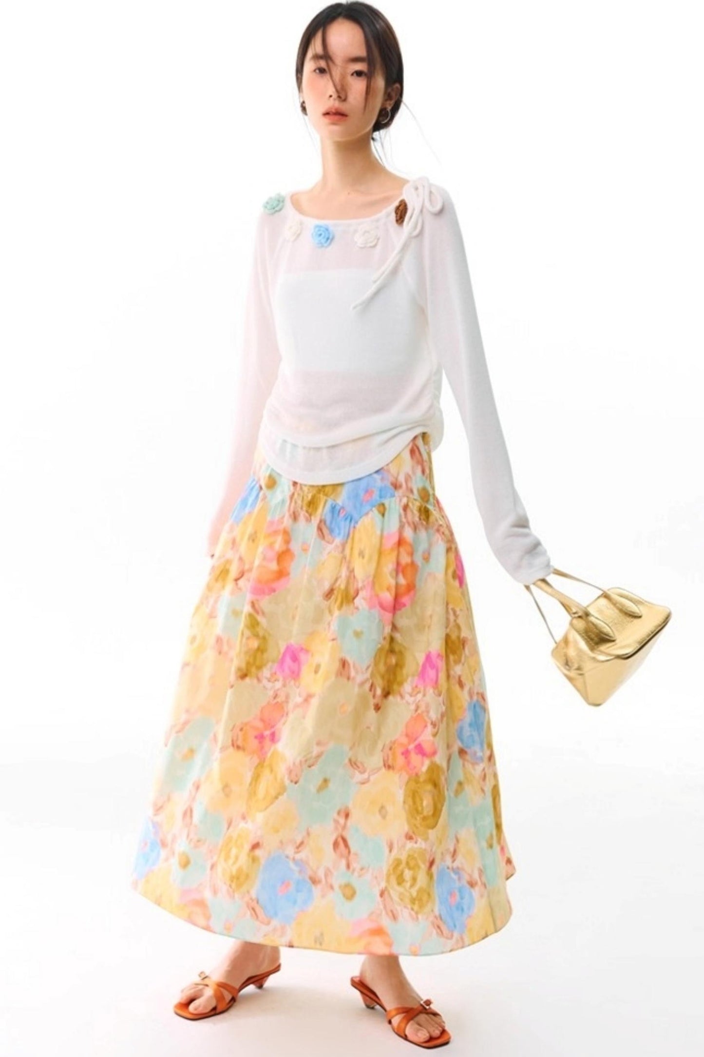 Sunset Coral Cotton A-Line Skirt
