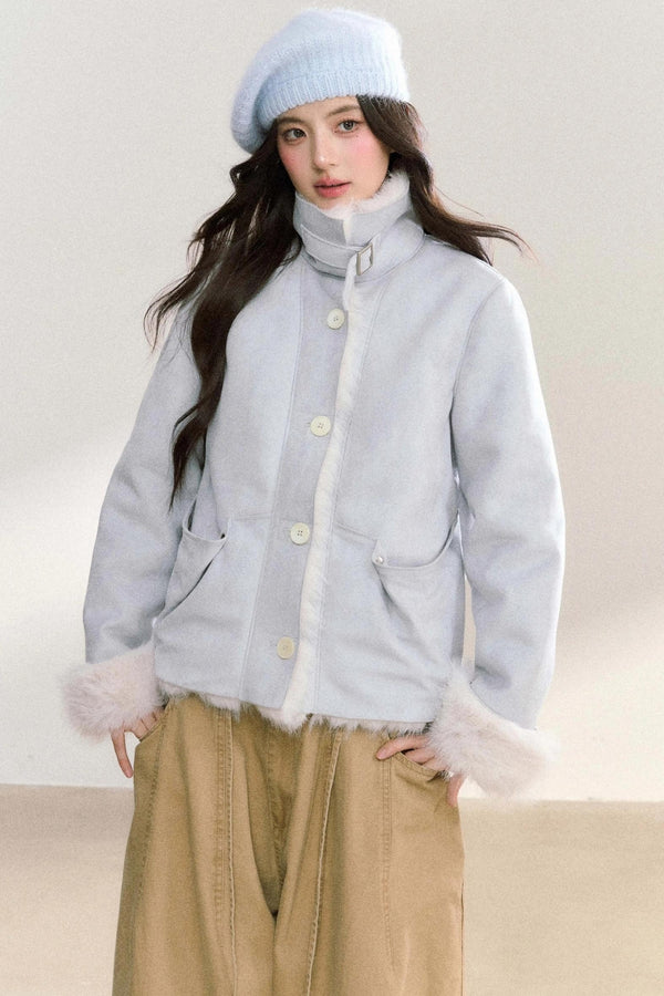 Suede Rivet Fur Collar Lapel Jacket
