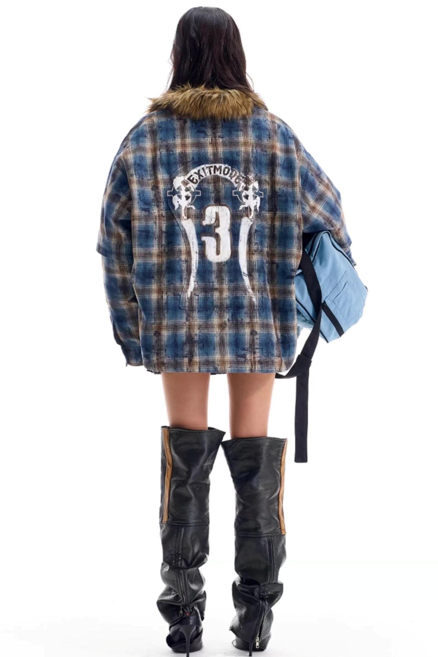 Embroidered Plaid Fur Collar Jacket