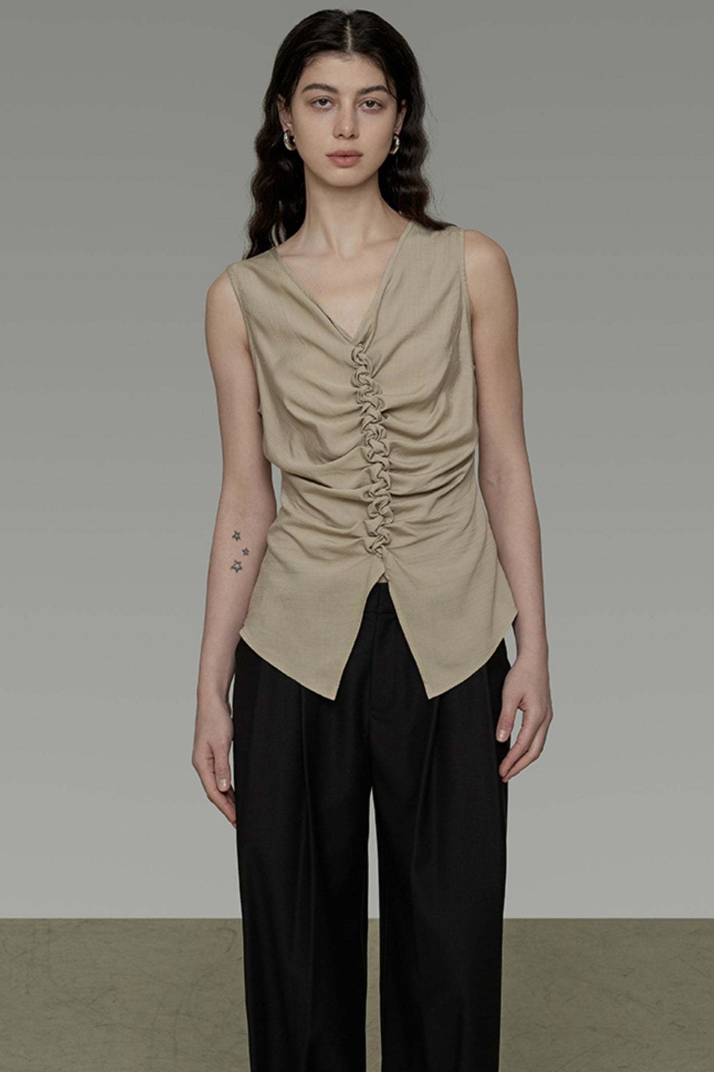 Khaki V-Neck Sleeveless Top