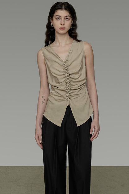 Khaki V-Neck Sleeveless Top