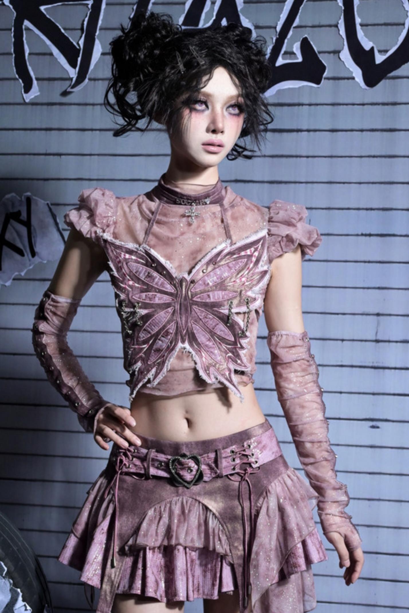 Butterfly Sequins Denim A-Line Skirt