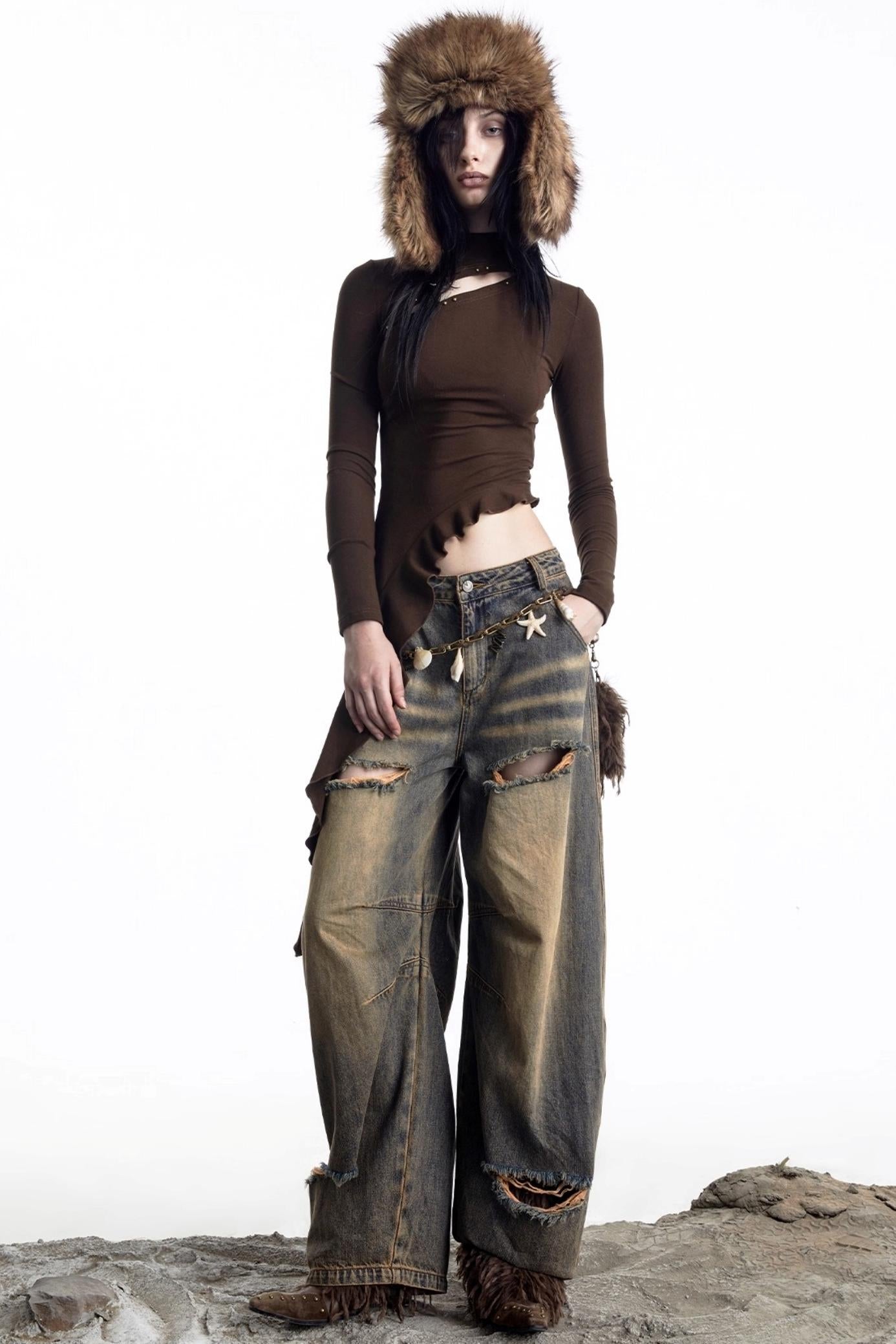 Openwork Rivet Ruffled Knit Top