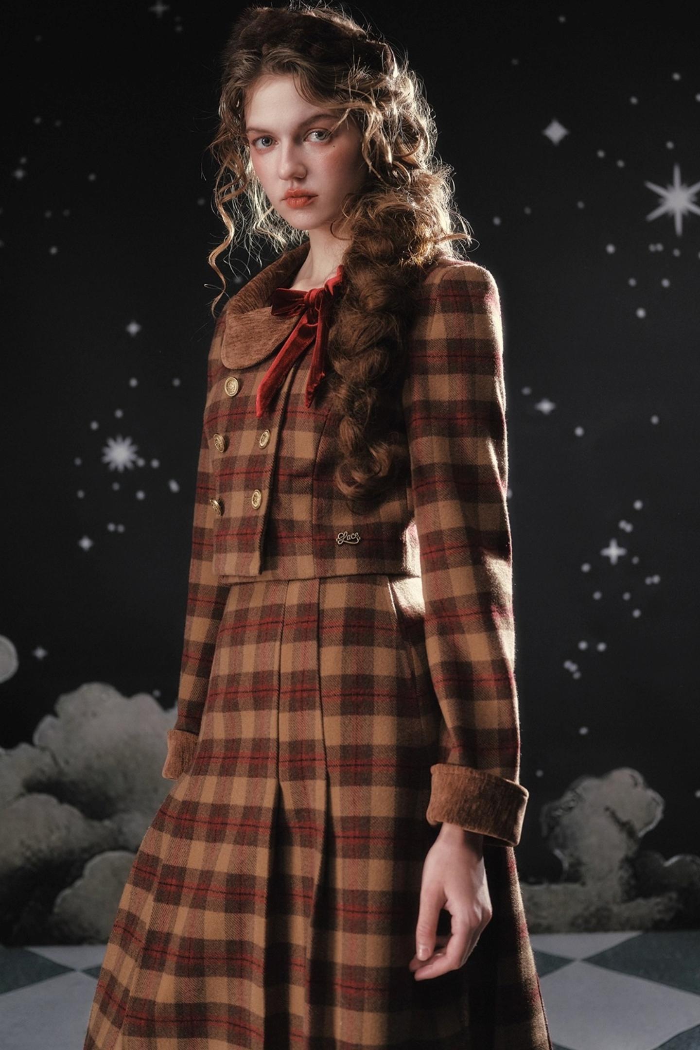 Plaid Woolen Jacket Suit Set-Up