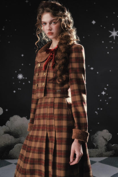 Plaid Woolen Jacket Suit Set-Up