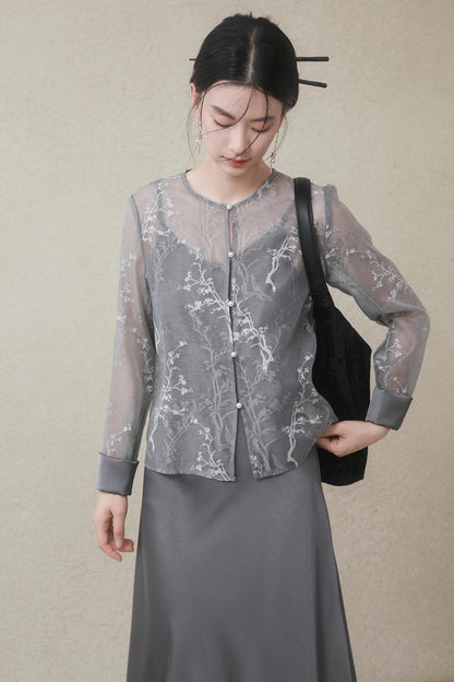 Plum Blossom Cardigan & Satin Dress Set