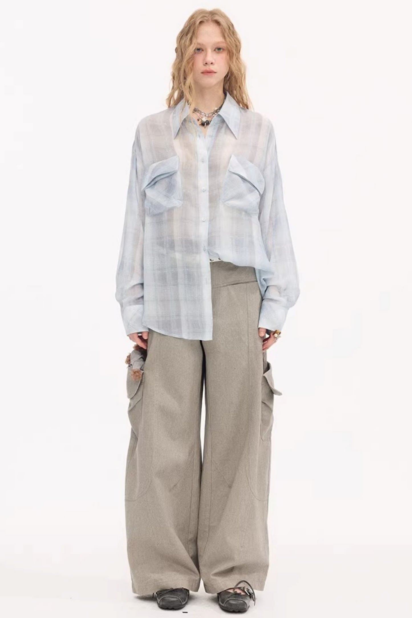 Plaid Lantern Sleeve Blouse