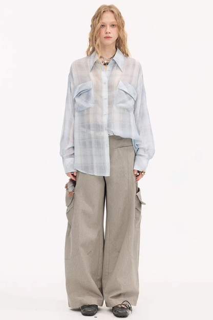 Plaid Lantern Sleeve Blouse