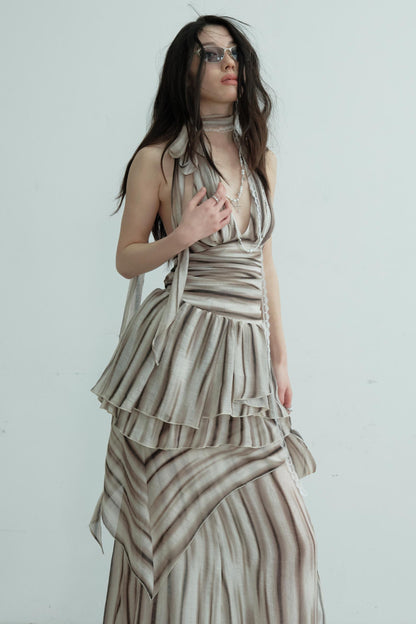 Pleated V-Neck Vest With Skirt Set